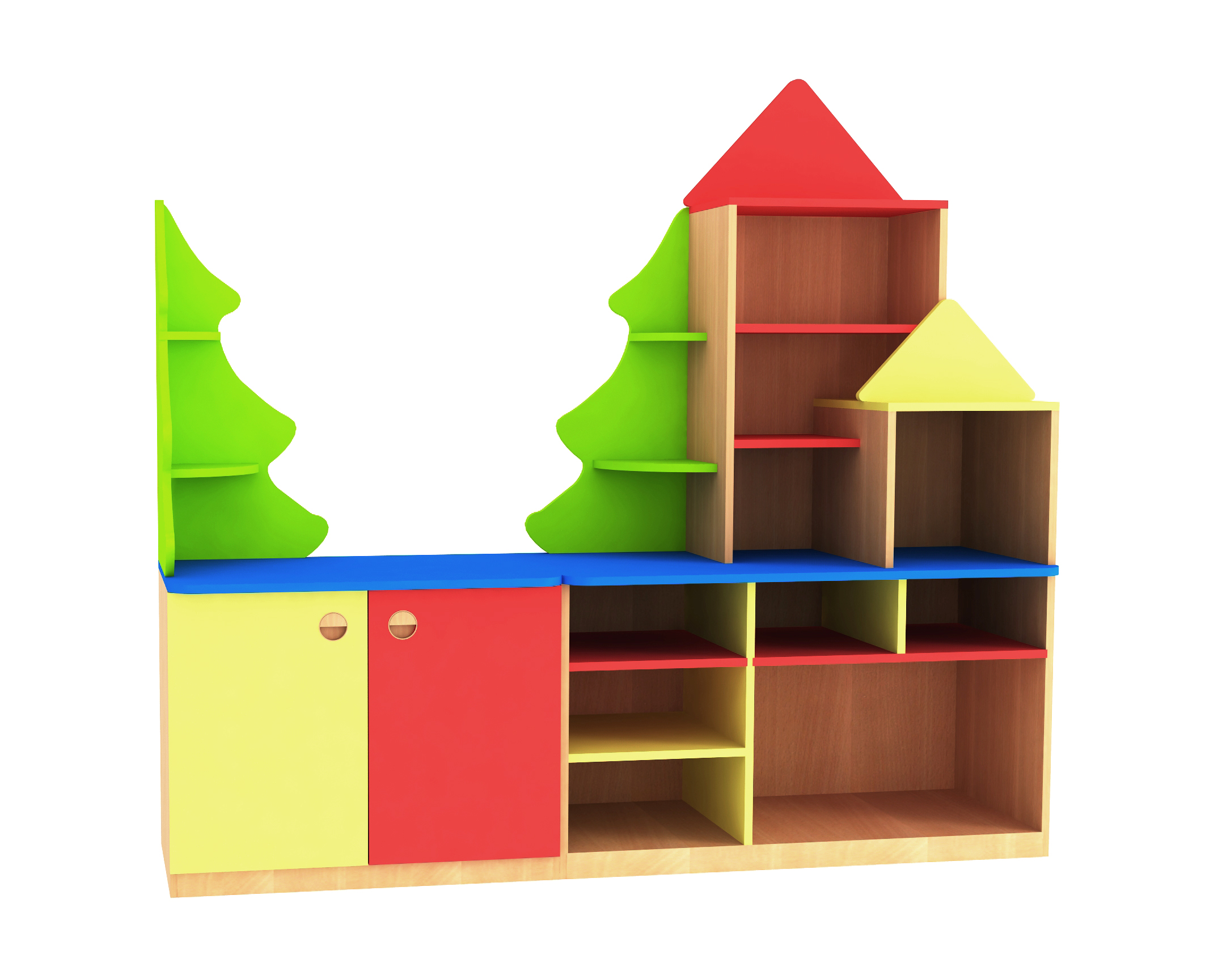 Полки для детского сада. Стеллаж для игрушек и пособий "Теремок № 2" ЛДСП, цвет (3472х320х776). Мебель для детского сада. Стеллажи для детского сада. Стеллаж для игрушек в детский сад.